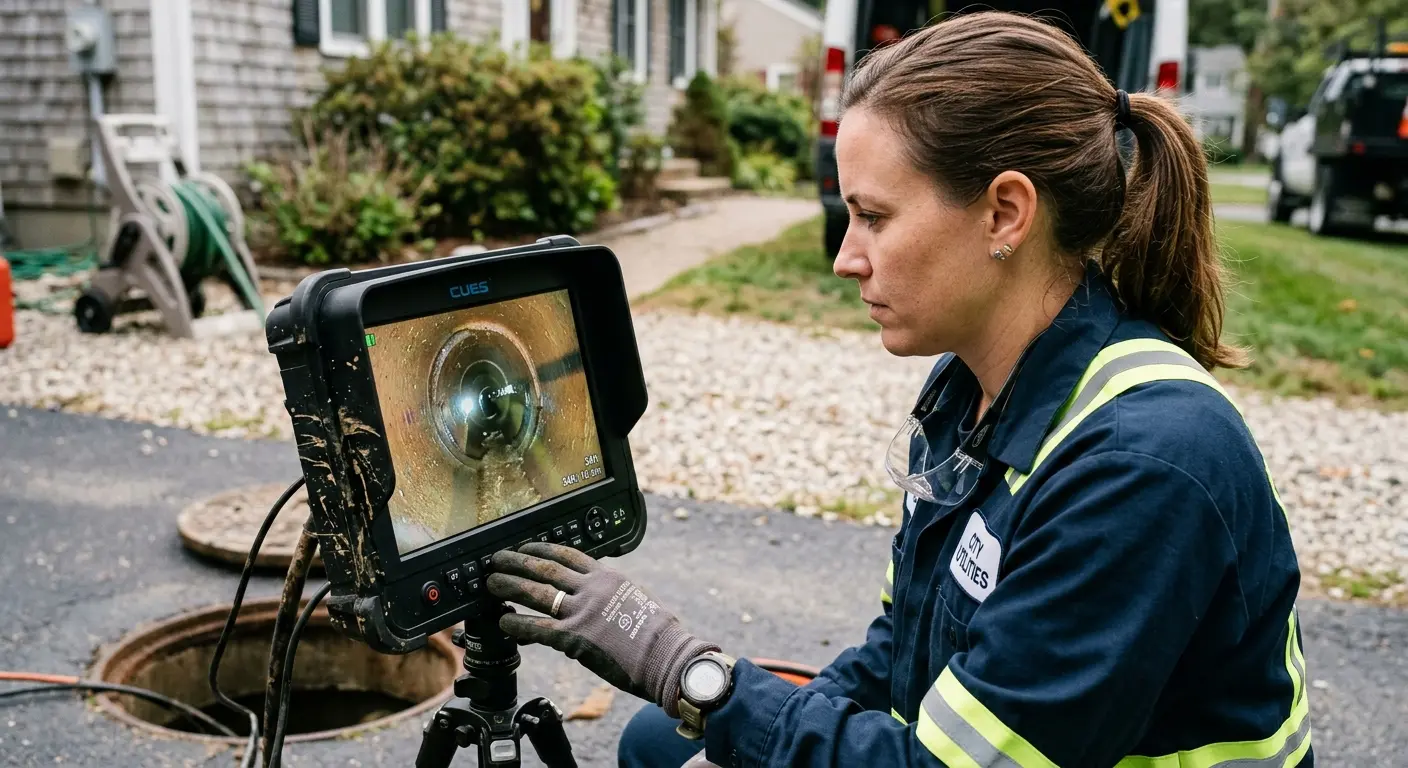 Technician reviewing sewer camera inspection footage in Green