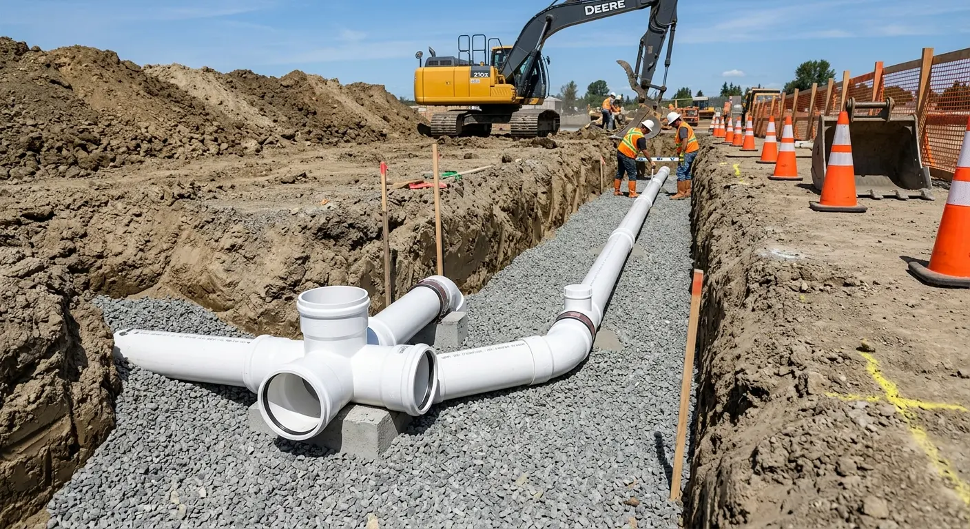 New PVC sewer pipe installation in open trench for Sewer Backup in Green